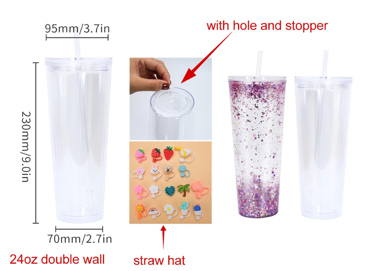 24oz pre drilled double walled tumbler with stopper and straw